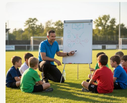 A coach explaining tactics on a flipchart to a group of young players on the pitch