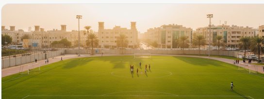 The Mankhool community pitch at golden hour